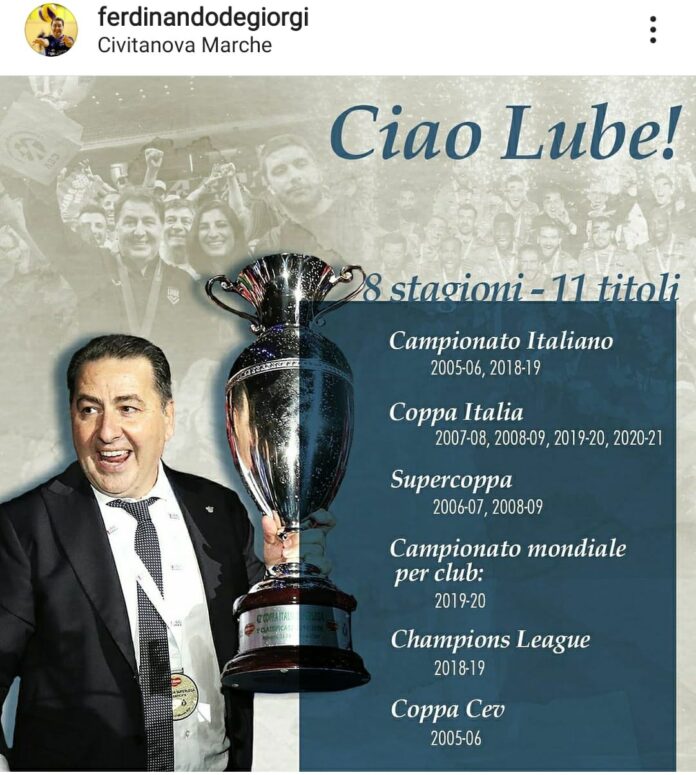 La foto del post Instagram dell'ormai ex allenatore della Lube Civitanova Ferdinando De Giorgi